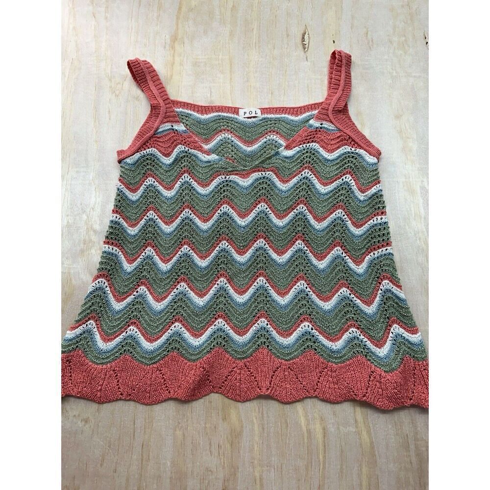 POL Womens Chevron Zigzag Crochet Knit Tank Top‎ Coral Green festival Boho XL